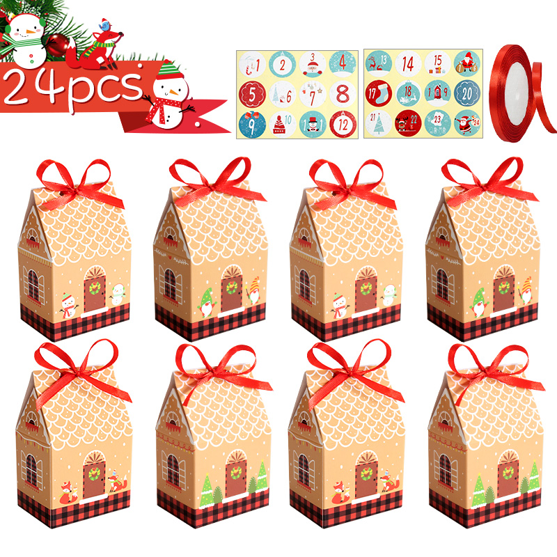 Advent Calendar Gift - 24er-Set Weihnachts-Adventskalender, Lebkuchenhaus-förmige Geschenkboxen, Countdown-Leckerli-Box, Weihnachtsfeier-Geschenkverpackungszubehör